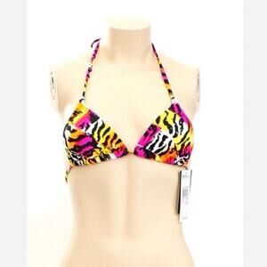 NWT Roxy Reversible Triangle Bikini Top Neon Animal Print Tie Back Size Medium